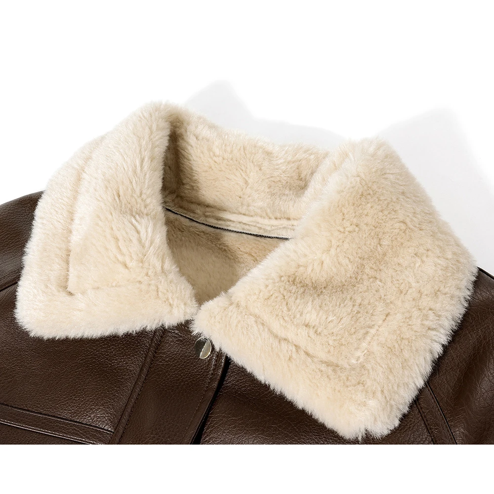 Damen Vintage Kunstleder-Shearling-Jacke Kurze Sherpa-Gefütterte Bikerjacke Warm Locker Sitzende Oberbekleidung