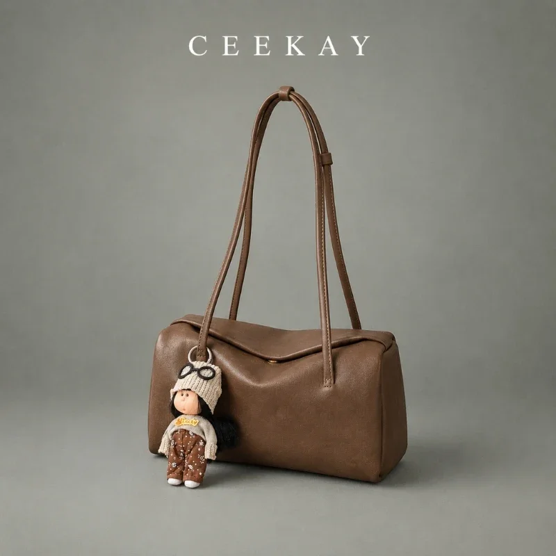 CEEKAY Smooth Leather Long Handbag Doll Charm Top Zip Double Handle All Purpose Daily Wear Roomy Elegant Classic for Women