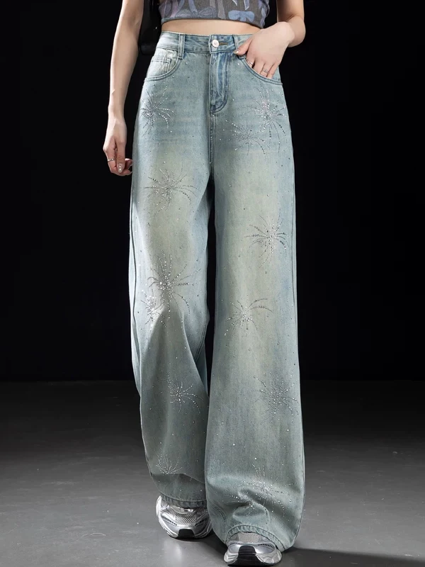 Women's Wide Leg Jeans High Waist Glitter Sparkle Drill Straight Cut Floor Length Pants Spring New Style Light Blue Denim