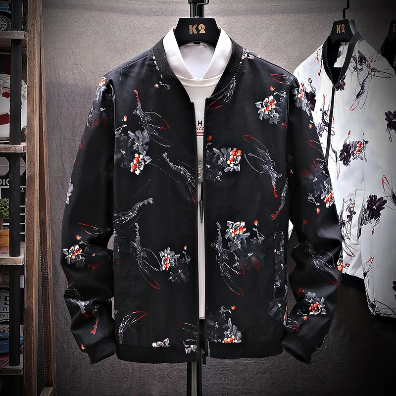 YASUGUOJI New 2022 Spring and Autumn Boutique Japanese Style Print Stand Collar Mens Jacket Casual Slim Fit Male Coat