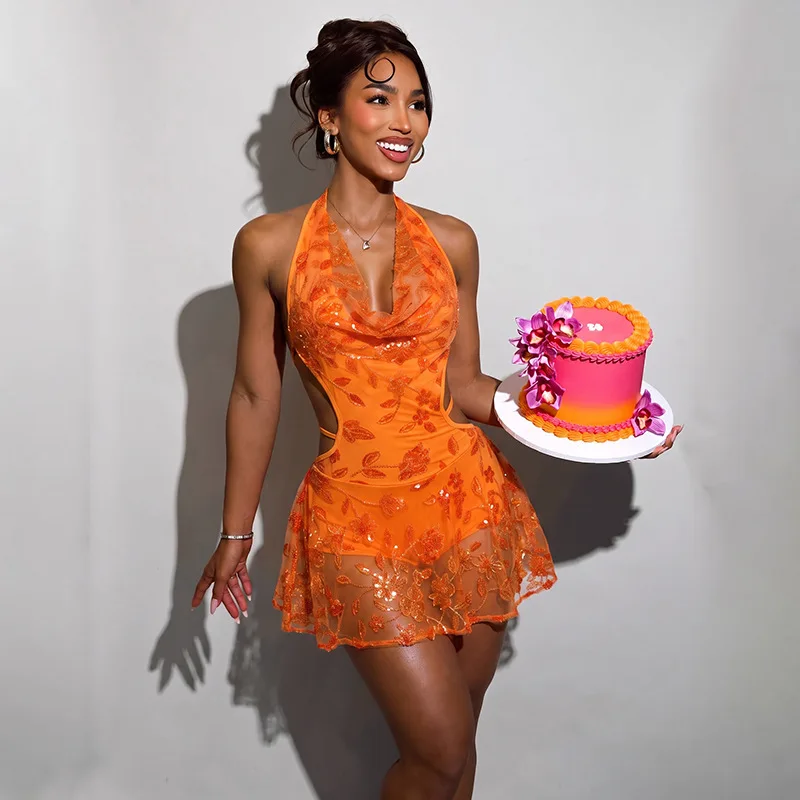 Doyerl Floral Sequins Birthday Dress for Woman 2026 Party Club Night Halter V-neck Backless Sleeveless A-line Sexy Mini Dress