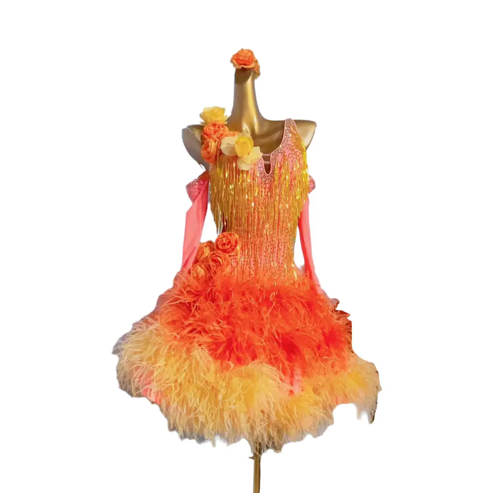 

Latin Dance International Stage Women's Wear High end Customized Gradient Orange Fluffy Dress Samba Diamond Dress