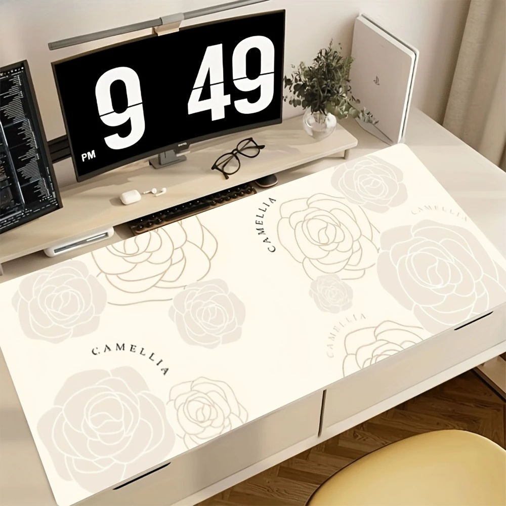 Light beige background with a line-drawn pattern of camellia flowers and letter decorations decoração setup gamer