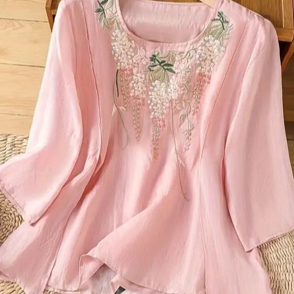 

Retro Floral Embroidery Women's irt Cross-Border New Sle Casual Sport Suit ort Pants Seven Sve T-irt Autumn Season