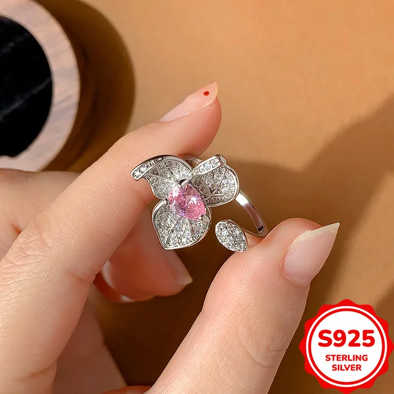Exquisite and Elegant Genuine S925 Silver Open Pink Water Drop Zircon Flower Women's Wedding Ring