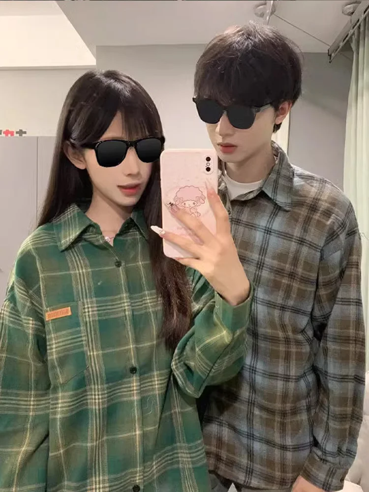

American Retro Green Plaid Men's Shirt Autumn Fashion Outerwear Casual Loose Fit Polyester Long Sleeve Sharp Collar Top