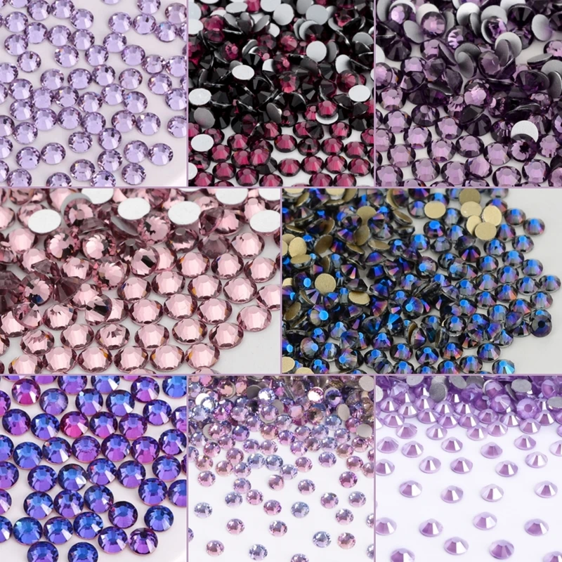 Purple Series Glass Flatback Rhinestone Bling Violet Round Glue On Stones Amethyst Non Hotfix Gemstones for Nail Art Decoration