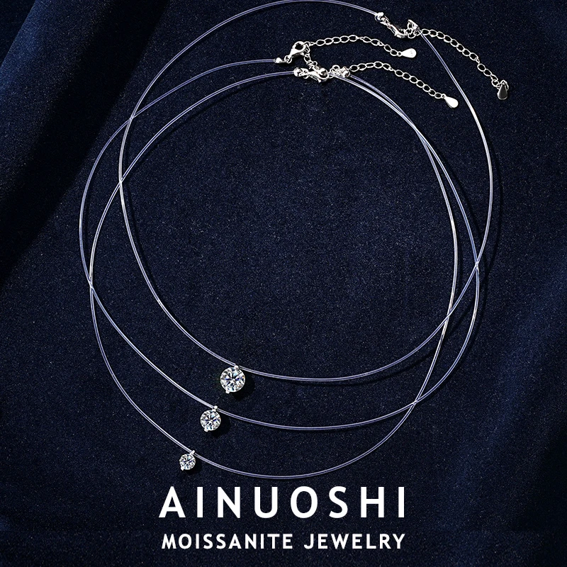 AINUOSHI 5mm/6.5mm/8mm Moissanite Diamond Necklaces Certified 925 Sterling Silver Transparent Fishing Line Necklace For Women