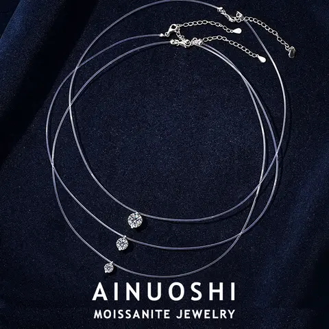 AINUOSHI 모이사나이트 다이아몬드 목걸이, 인증 925 스털링 실버, 투명 낚싯줄 목걸이, 5mm, 6.5mm, 8mm