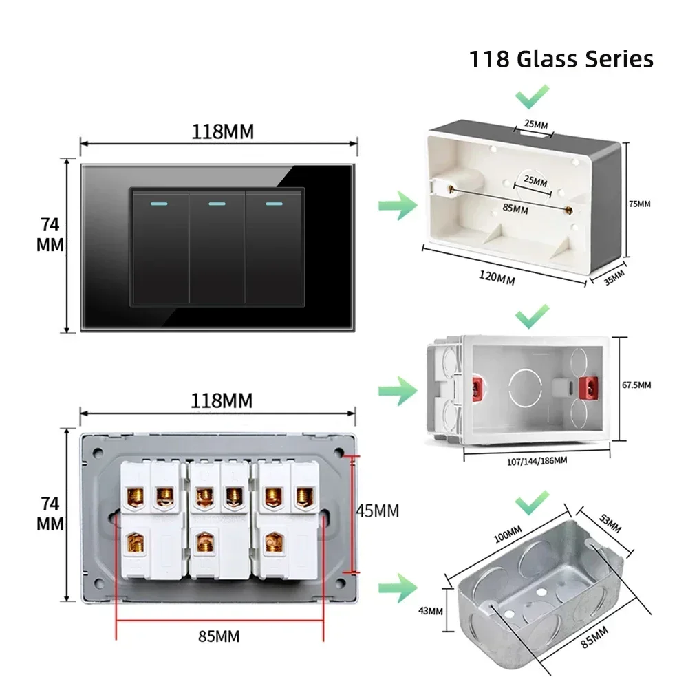 Melery US Mexico Wall Electric Switch 118 Brazil Glass Panel Jack Three Position Power Switches 1/2/3/4Gang Home Office Kitchen