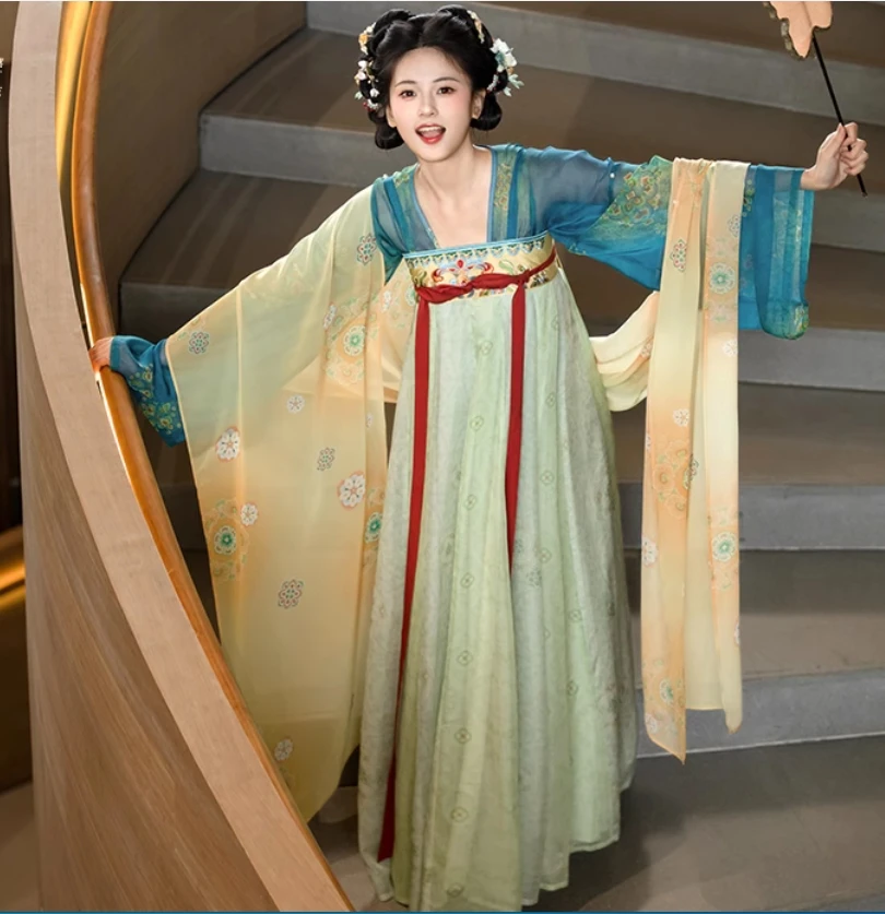 

Аутентичный оригинальный комплект с восстановленной юбкой длиной до груди в стиле Тан для девочек, драпированное шелковым женским платьем Hanfu