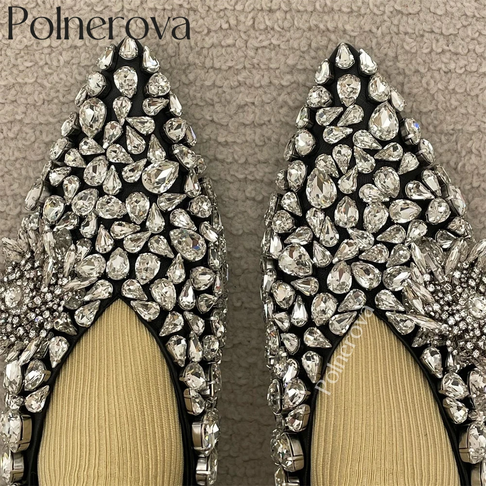 Crystal Embellished Ballet Flats Pointed-Toes Leather Shoes Luxurious Designer Style Handmade Shoes Bling Bling Rhinestone Shoes