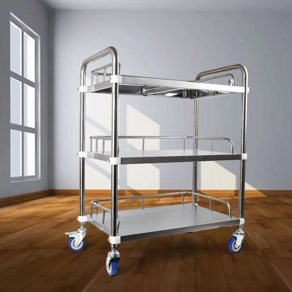 3 Tiers Silver Hospital Three Layers Serving Dental Lab Cart Trolley Stainless Steel 3 Layers lockable