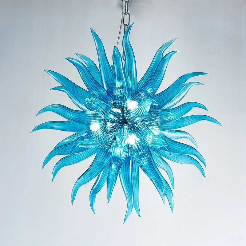 Blue Sunflower Light Long Chain LED Pendant Light Blown Glass Chandeliers for Bedroom Living Room Dining Room