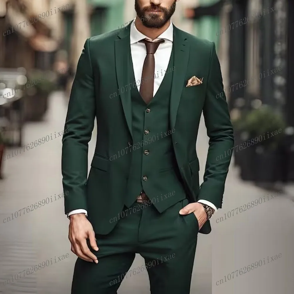 New Dark Green Male Formal Occasion Men Suit Groom Groomsman Wedding Party Prom Business Tuxedos 3 Piece Set Blazer Vest Pants