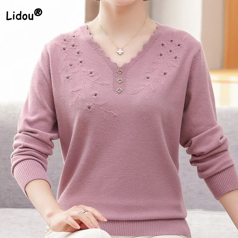 Elegant Simplicity Women's Solid Color Knitted Tops 2023 Spring Autumn Female Clothing Loose Fashion Diamonds V-Neck Sweaters