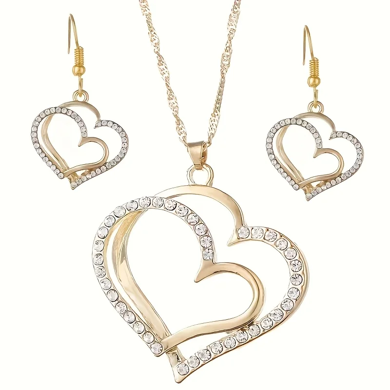 Sparkling Rhinestone Double-layer Hollow Heart-shaped Pendant Necklace Women\'s Temperament  Versatile Jewelry Set