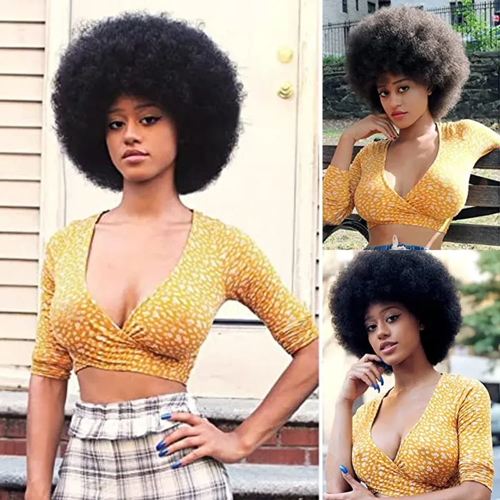 Fluffy Afro Kinky Curly Human Hair Wig With Thick Bang 70s Natural Short Bob Wigs For Black Women 180% Density Full Machine Hair