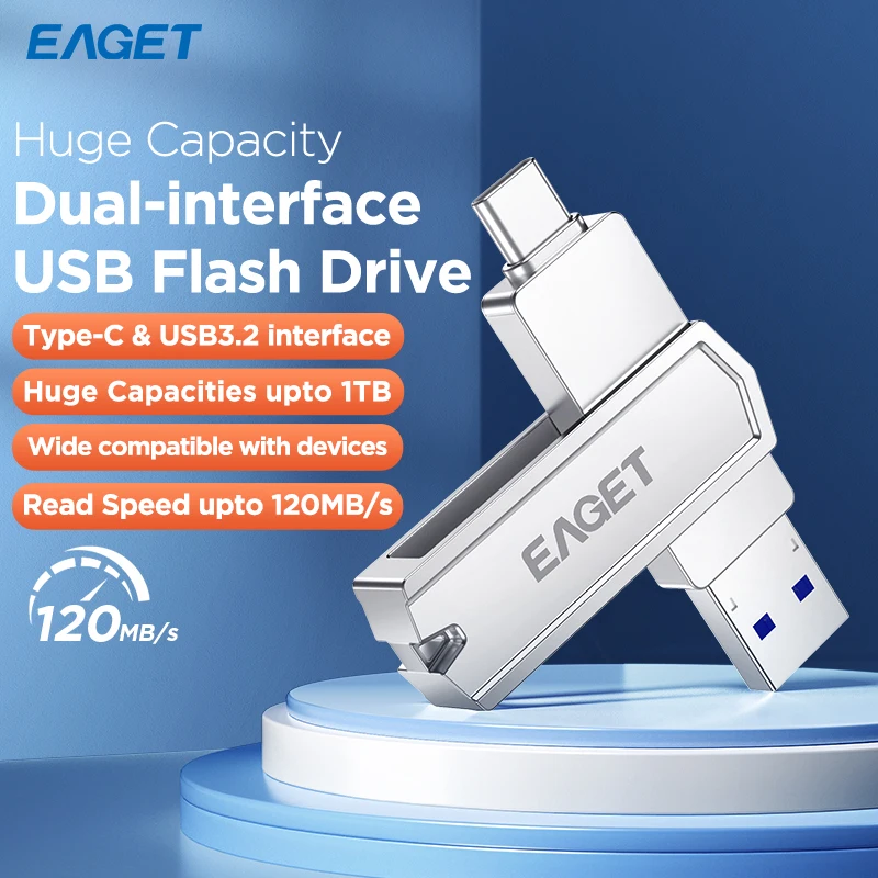 Eaget 2 in 1 USB Pendrive 32G 64G 128G 512G 1TB USB Flah Drive Pen Dirve USB A&Type C Interface 120Mb/s Usb Memory Stick