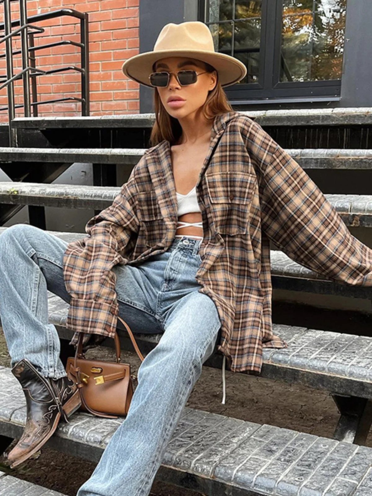 

Sexy Loose Base Plaid irt Women's Faion Polyester Long Sve Button Design Ne Open Cardigan Sle Autumn irt