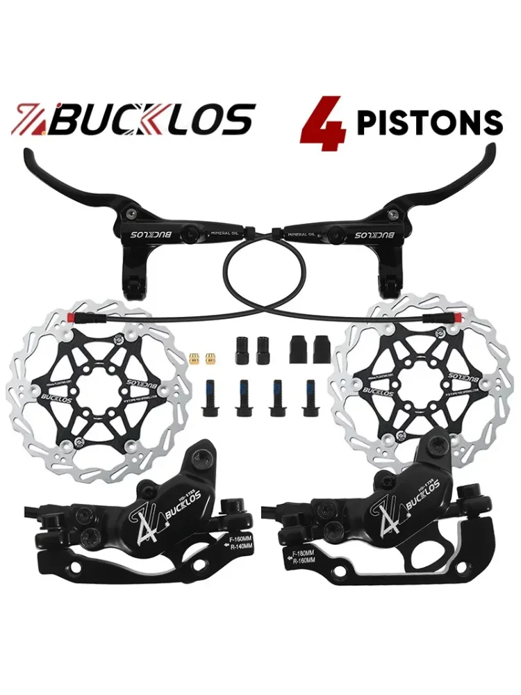 BUCKLOS E-Bike Hydraulic Disc Brake Power Off 4-Pistons Scooter Hydraulic Brake Set Front&Rear Rotor 160mm Bicycle Oil Brake Set