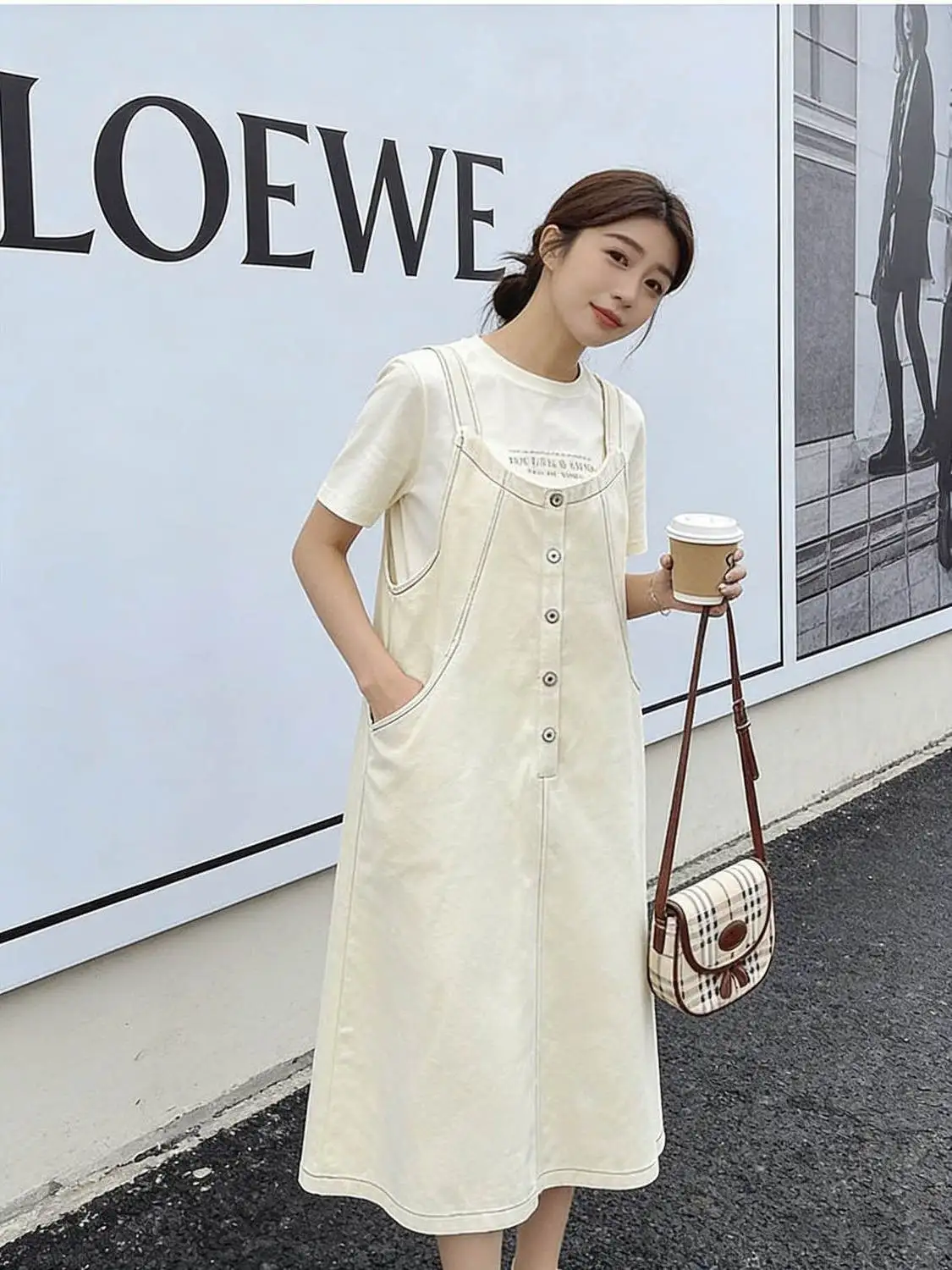 plus Size 300 Pounds Fat MM Yellowish White Workwear Overalls Women's Korean Style Slimming Short Sleeve T-Shirt Two-Piece Se...
