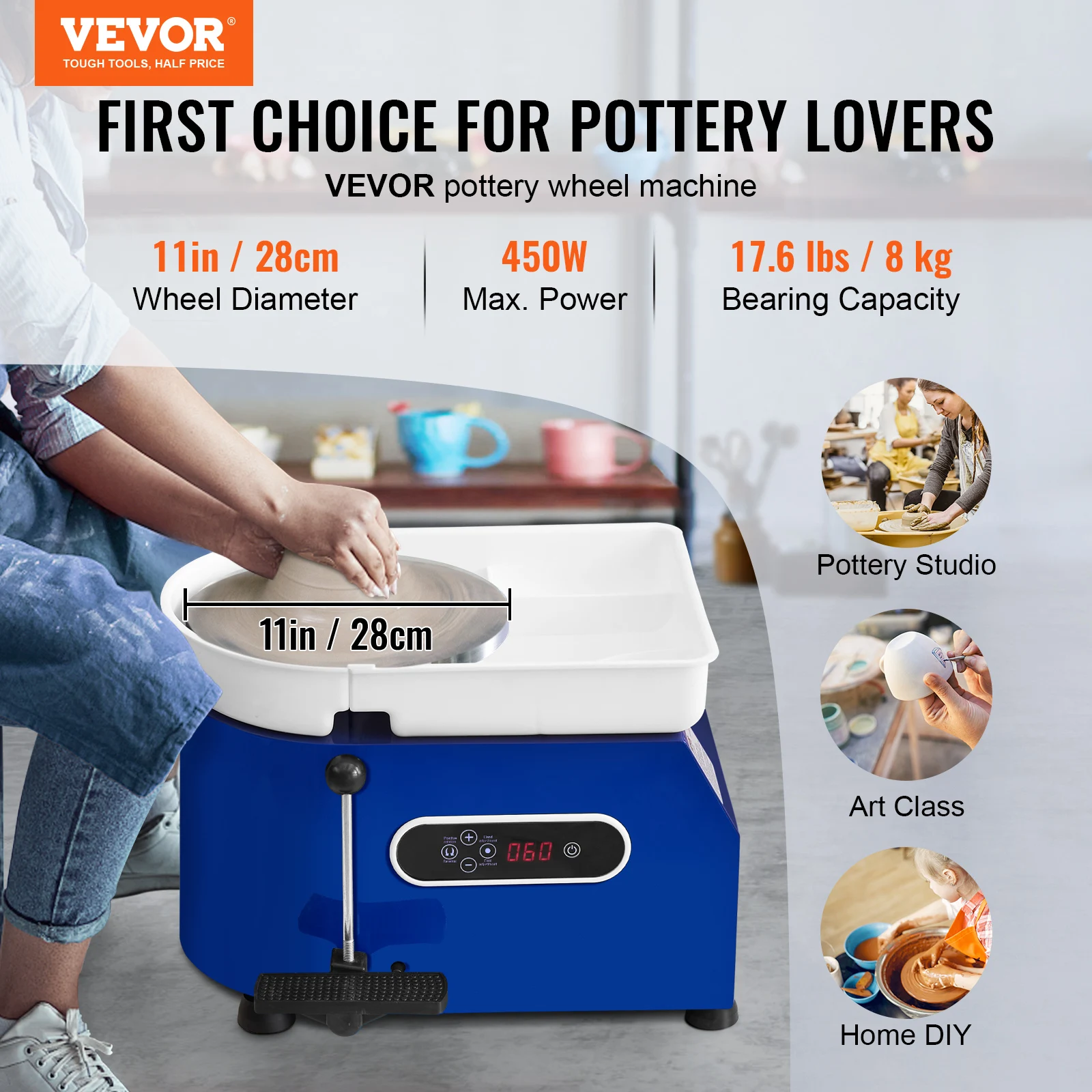 VEVOR Pottery Wheel 450W 11in Clay Wheel Machine Adjustable Speed Handle Craft DIY Kit W/LCD Screen For Adults and Beginners