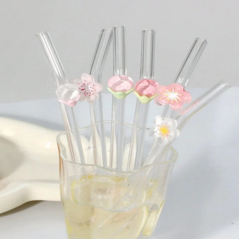 1/5Pcs Floral Glass Straws, Elegant Curved Reusable Straws for Bubble Tea, Juice Coffee. Perfect Gift for Her, Him & Friends.
