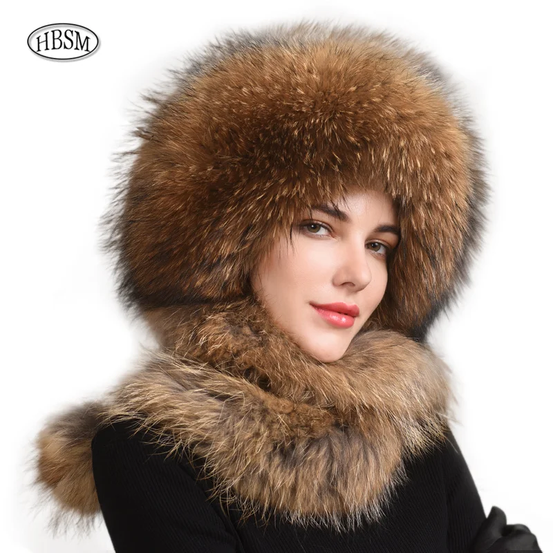 2024 Women's Raccoon Fur Hat Hooded Scarf Winter Hats Woman Cold Protection Warm Scarf Hat Cute Fur Ear Protection Fox Fur Hat