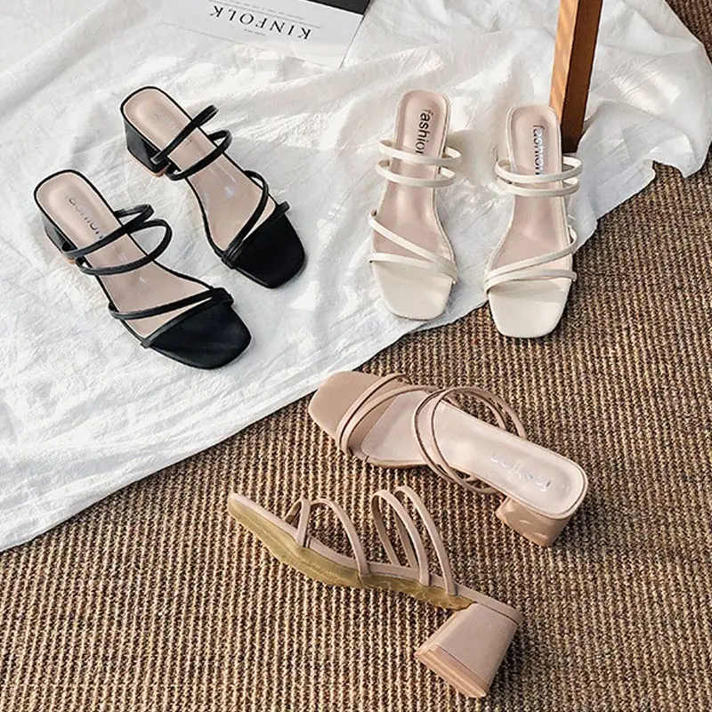 Women Sandals Ladies Square Heels Elegant Summer Slippers Outside Cross Tied Leather Female Slides 2023 Fashion Woman Sandals