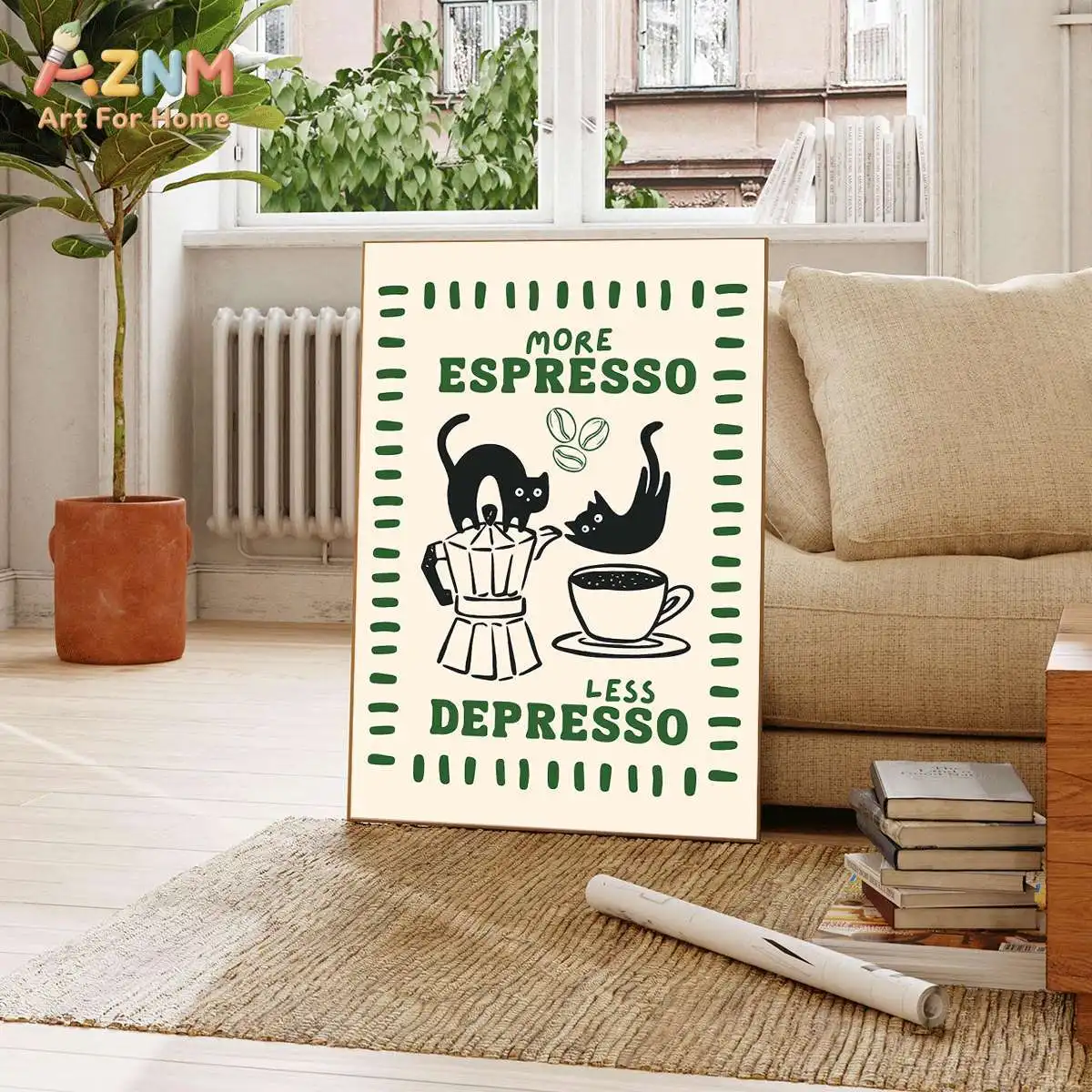 AZNM More Espresso Less Depresso Canvas Print Black Cat Coffee Moka Pot Funny Quote Wall Poster Unframed Kitchen Cafe Decor Art
