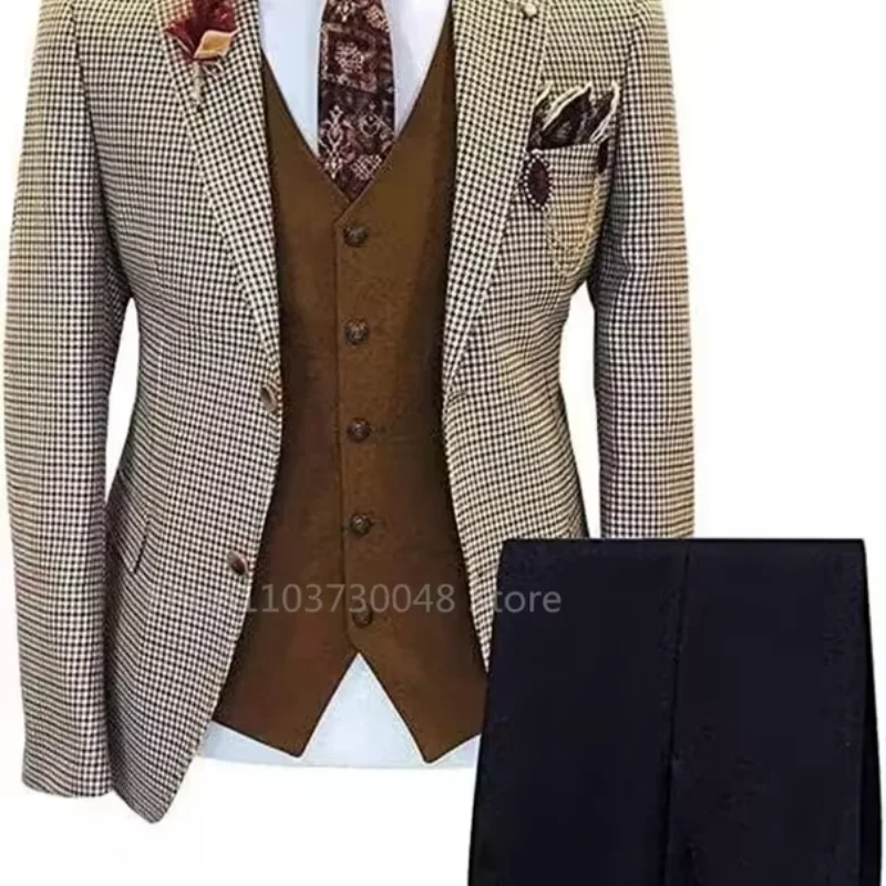 3 Pieces Formal Plaid Men\'s Suits Slim Fit Notch Lapel Brown Houndstooth Blazer Vest Pants Prom Tuxedos For Wedding/Business