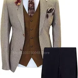 3 Pieces Formal Plaid Men's Suits Slim Fit Notch Lapel Brown Houndstooth Blazer Vest Pants Prom Tuxedos For Wedding/Business