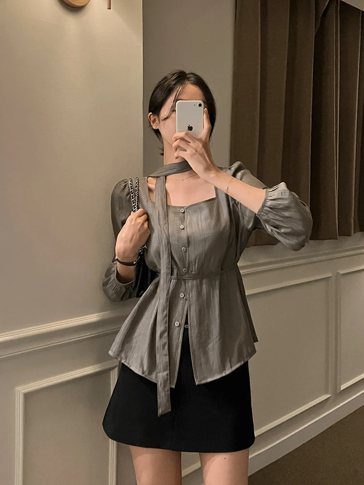 韓国スタイル長袖シャツレディースファッション春シーズン痩身ルーズフィットインナーウェアサッシュスクエアカラーデザイン