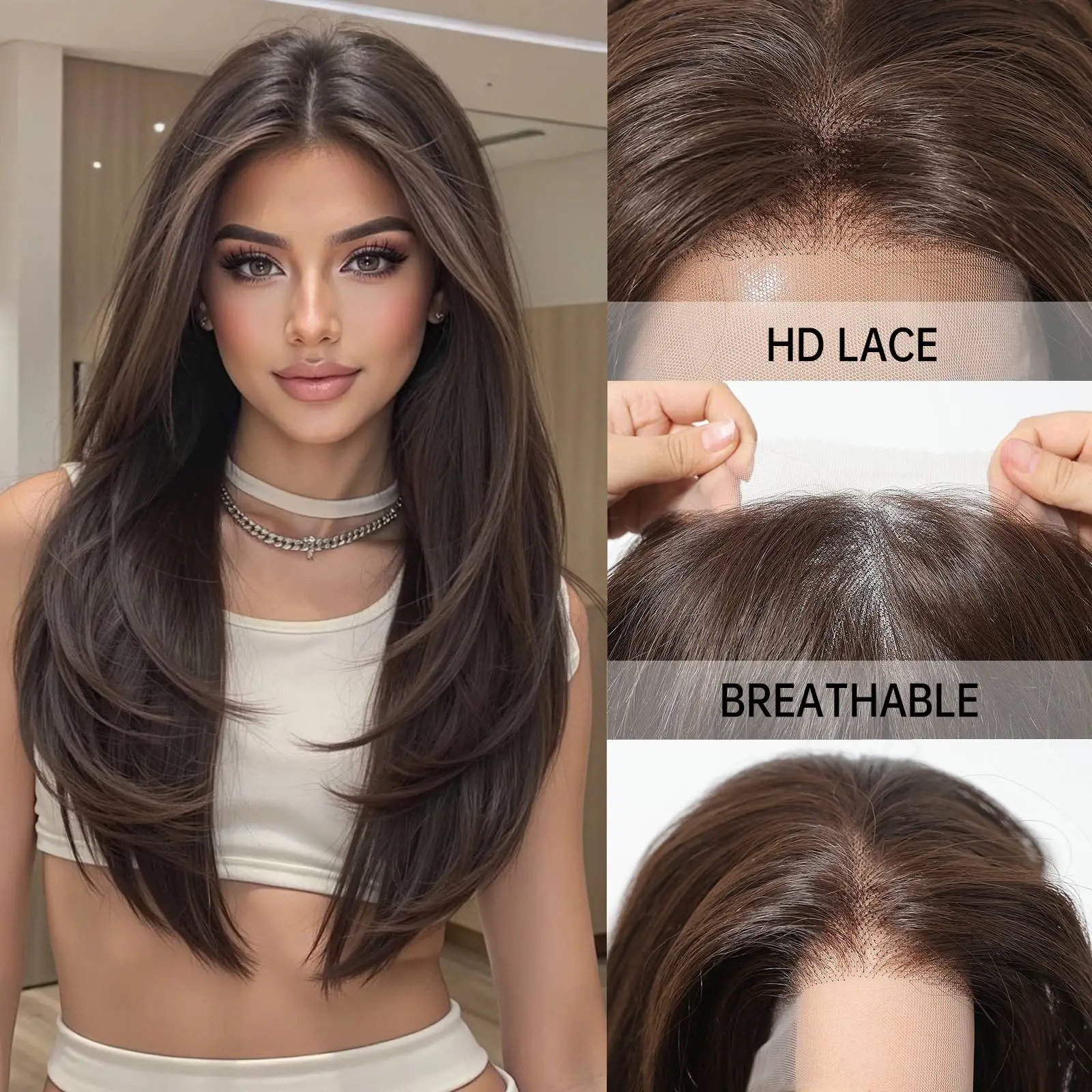 

Long Chocolate Brown Wig 13x6 Lace Front Wig Layered Straight Synthetic Wigs for Women Face Framing Butterfly Cut Glueless