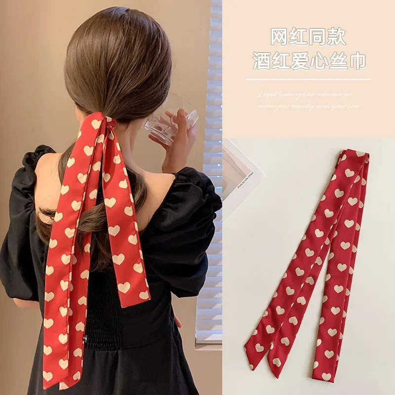 Fashion Printing Silk Long Ribbon Hair Scarf for Women Headscarf Bow Ponytail Ties Headwear