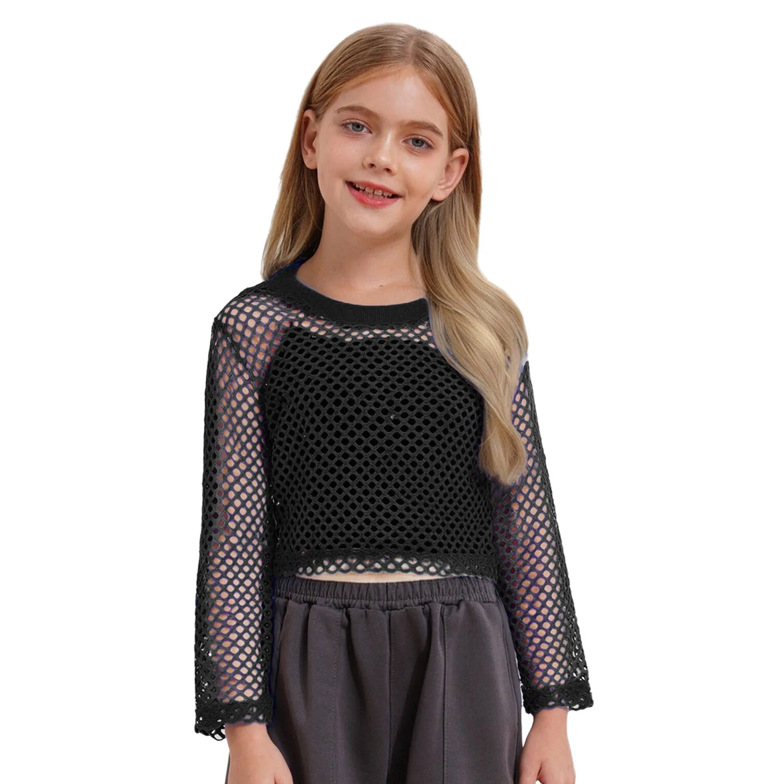 Kids Girls Hollow Out See-Through Fishnet T-Shirt Round Neck Long Sleeve Ribbed Crop Top for Skateboarding Hip-Hop Streetwear