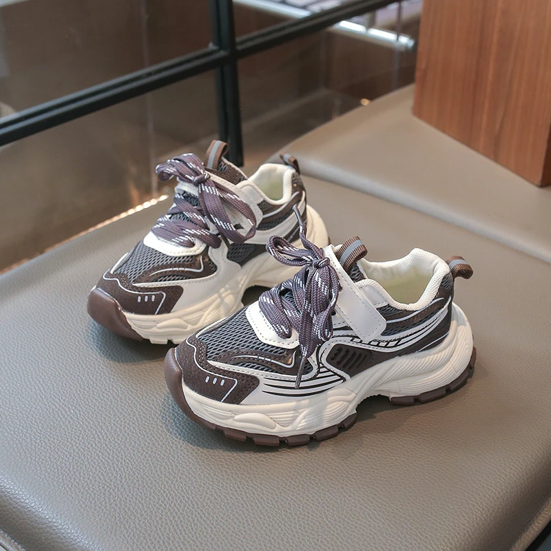 Boys Retro Color Block Dad Sneakers, Dual Lace & Strap Design, Breathable Mesh Thick Shock-absorbing Sole Sport Running Shoes