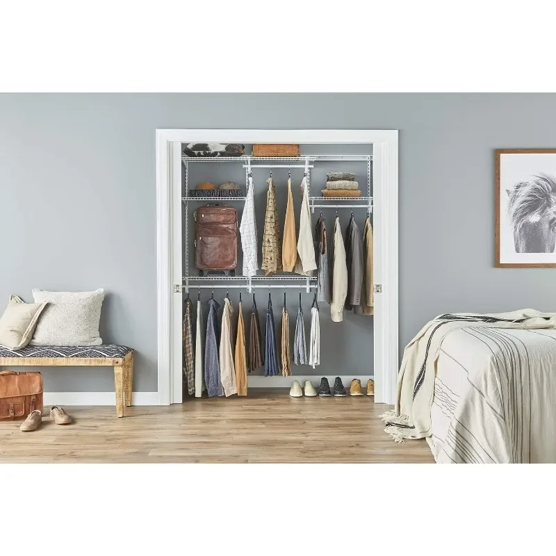 Shelftrack Draad Kast Organizer Systeem, Instelbaar Van 4 Tot 6 Ft., Met Planken, Kledingstaven, Hardware, Duurzaam Staal, Wit