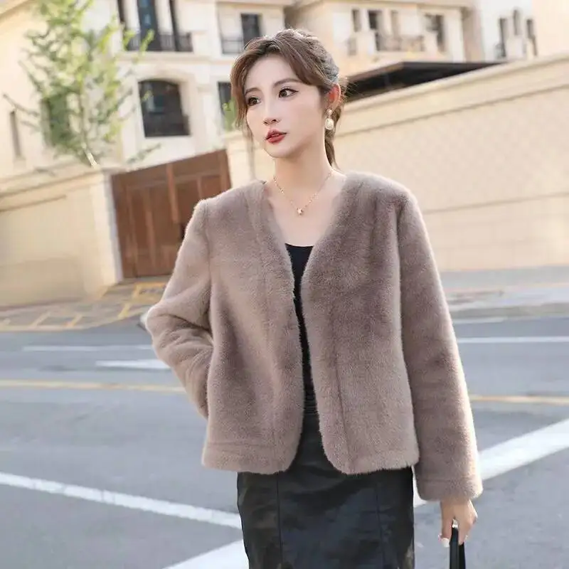 Mulheres casaco de pele do falso jaqueta high-end imitação de vison pelúcia pequeno curto versátil primavera outono inverno senhoras moda outerwear