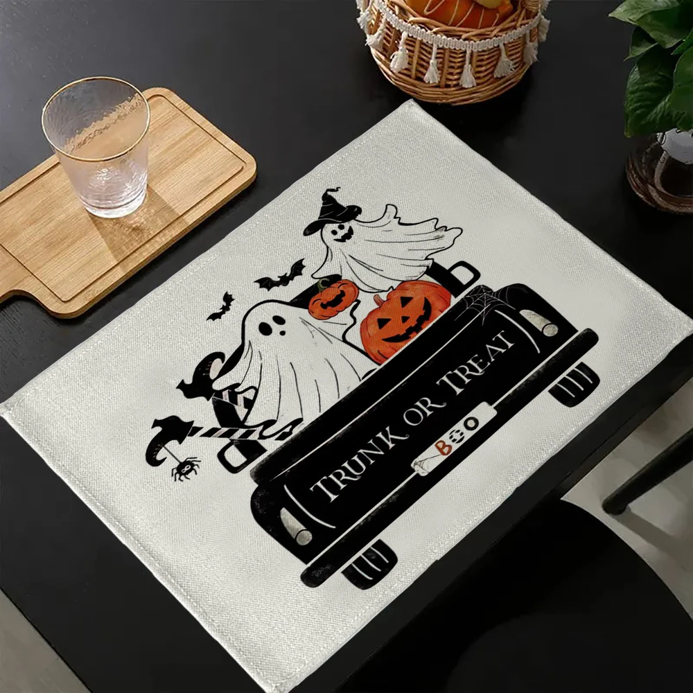 4-Piece Halloween Pumpkin Skeleton Placemat Set Rectangular Ghost Table Mats for Dining & Kitchen Decor
