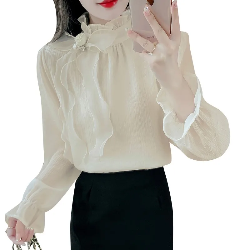 2023 Spring Autumn Basic Shirts Blouses Women Fashion Long Sleeve Elegant Office Lady Work Solid White Ruffled Chic Tops