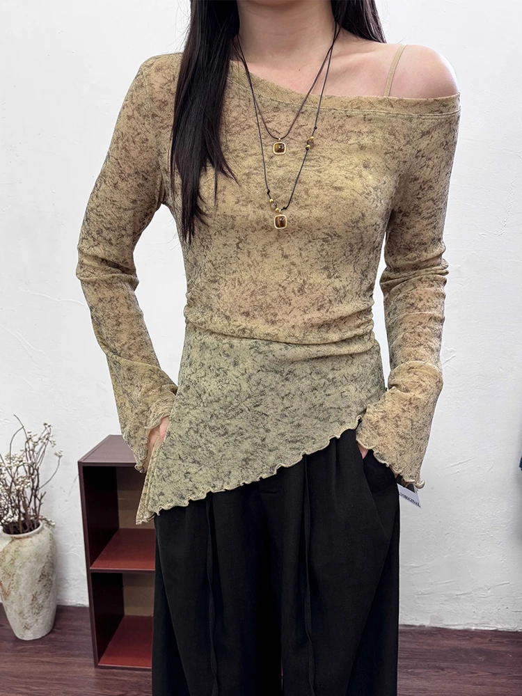 Camiseta larga con hombros inclinados irregulares para mujer, ropa de abrigo Sle para principios de otoño, Base adelgazante con nudo superior