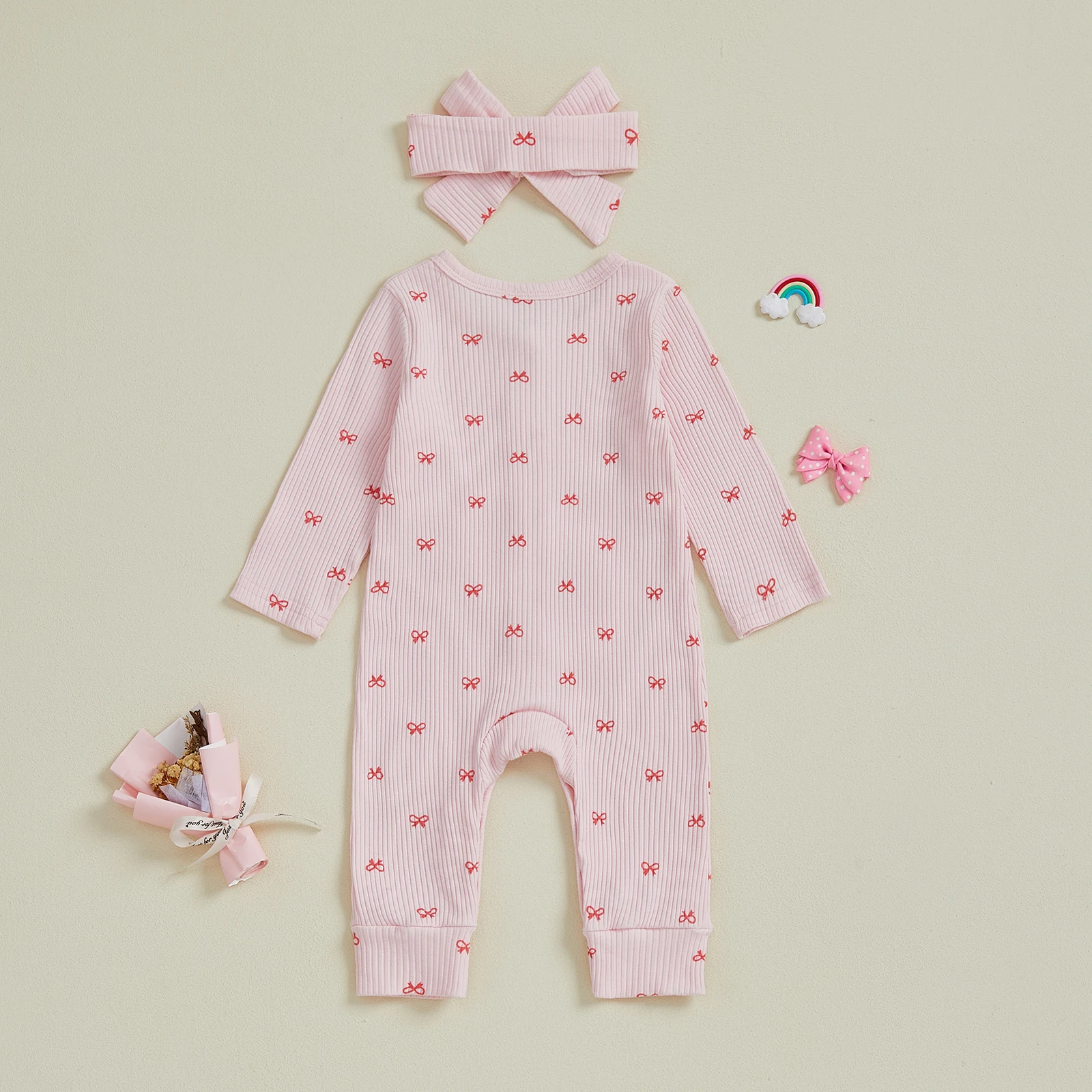 ملابس للفتيات حديثي الولادة بفيونكة مطبوعة وأكمام طويلة بدلة رومبير مضلعة مع عصابة رأس على شكل فيونكة ملابس ربيعية للأطفال الرضع #3