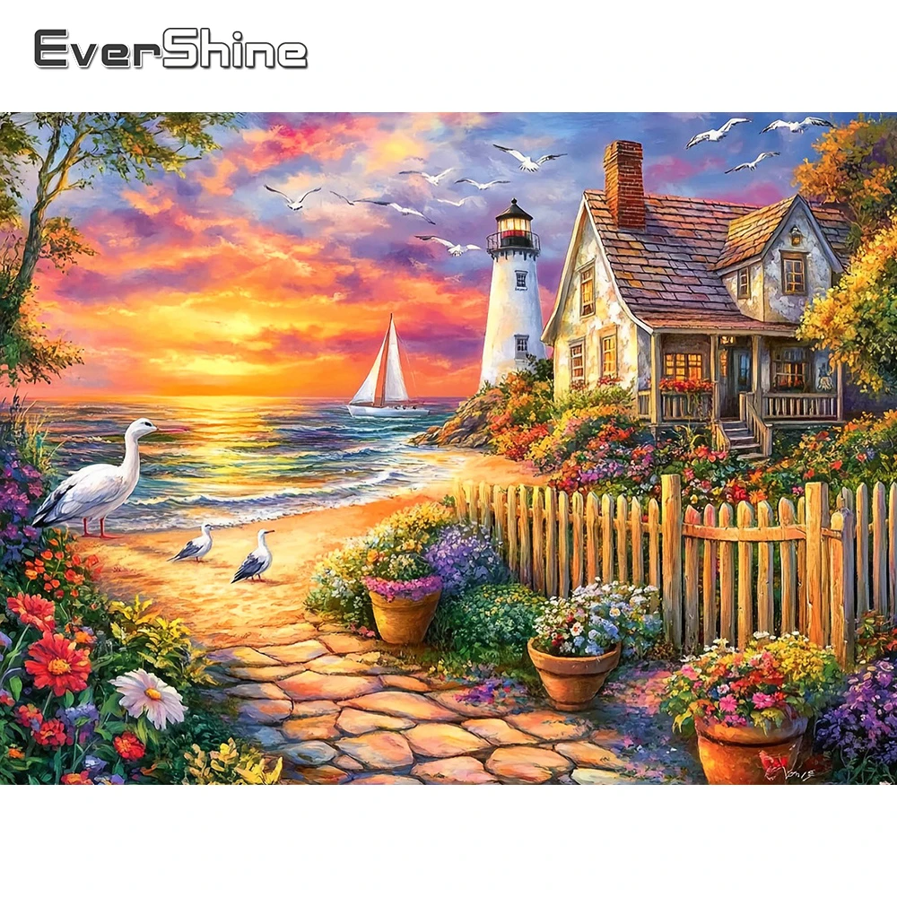 EverShine Diamant-Gemälde, Meereslandschaft, Bild aus Strass, Mosaik, Haus, vollständige quadratische Stickerei, Blume, handgefertigt, Hobby