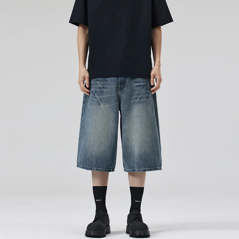 KIDWHXR Man Summer Denim Shorts Retro Gradient Color Male Calf-length Pant Loose Straight Washed Mid Waist Men Casual Shorts