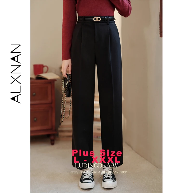 ALXNAN Plus ขนาดผู้หญิงกางเกงสีดําฤดูใบไม้ร่วงแฟชั่นตรงกางเกงขากว้างสบายๆ Office Lady Elegant Baggy กางเกง D08528-1