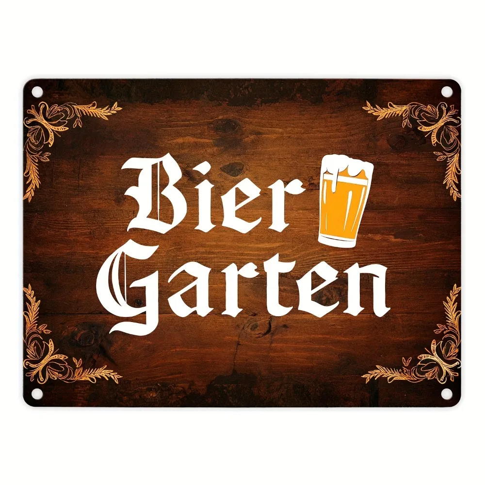 Biergarten-Wandschild aus Aluminium – 15,2 x 20,3 cm, rustikales deutsches Bierdekor, verzierter Blumenrand, Outdoor-Bar-Café-Kunst, 2D-Flach