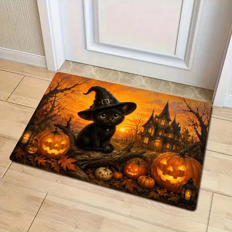 Halloween Pumpkin Haunted House Dog Mat for Fall Autumn Entryway Decor Polyester Throw Rug for Cute Dog Lover Spooky Home Decora