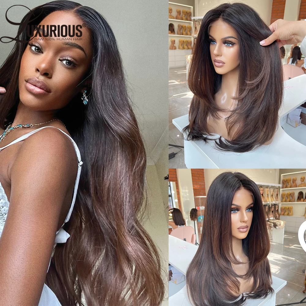 200 الكثافة 13x4 الدانتيل الجبهة شعر الإنسان الطبقات شعر مستعار قبل قطعها أومبير براون الملونة مستقيم البرازيلي الباروكات الأمامية للنساء